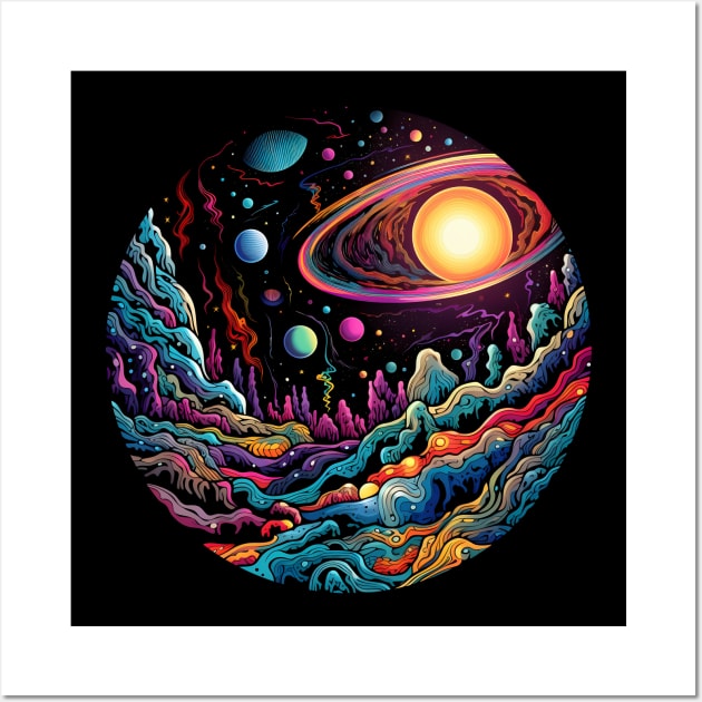 Surrealist space artwork with planets Wall Art by Unelmoija